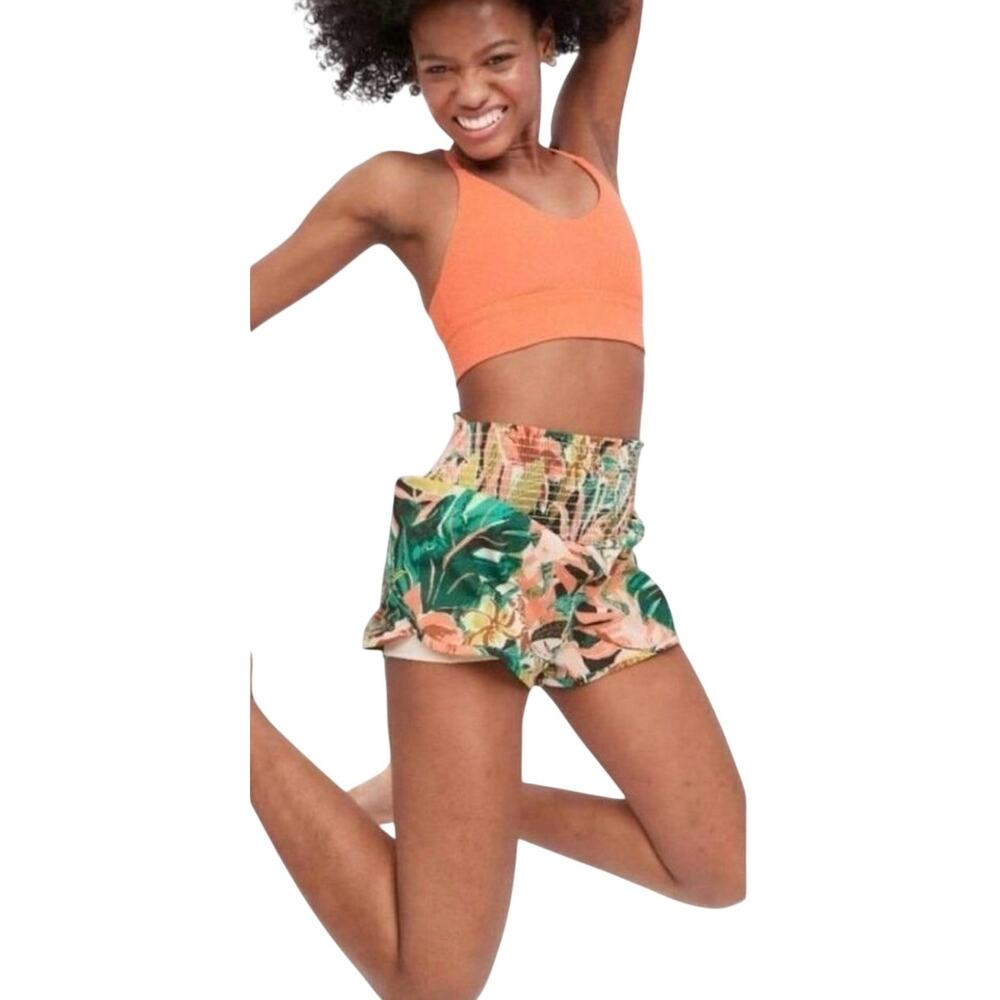 Offline by Aerie Tropical Print Smocked Waist Running Shorts, Lined, Medium